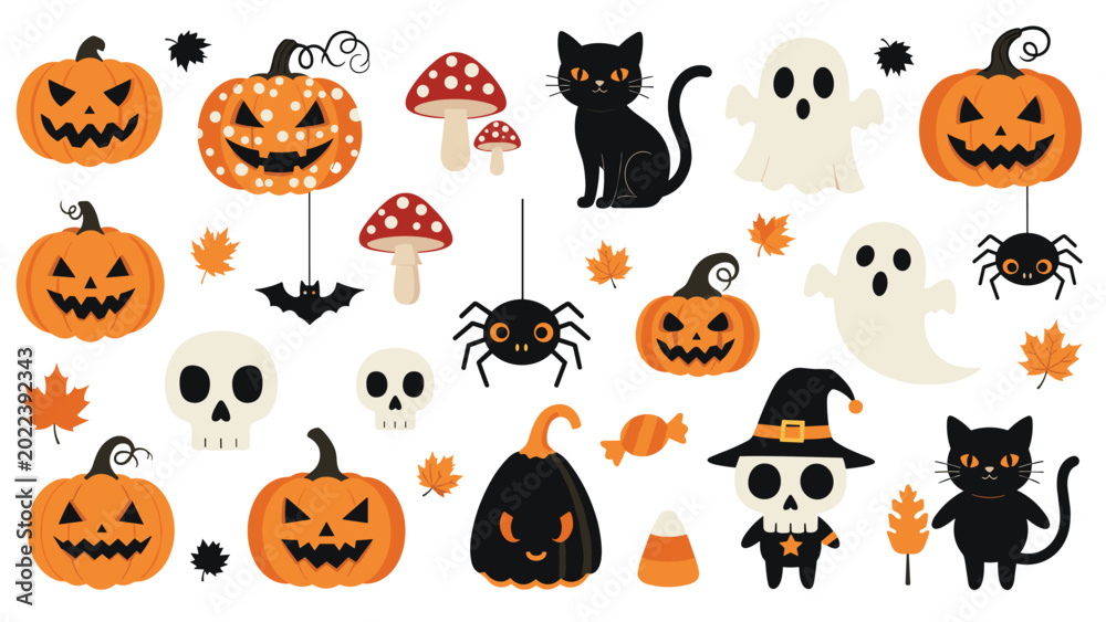 Fototapeta premium Vibrant Halloween vector collection featuring spooky jack-o-lanterns, black cats, friendly ghosts, skulls, spiders, and autumn leaves.