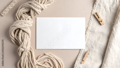Neutral flat lay with blank white card, macrame rope, linen, & clothespins