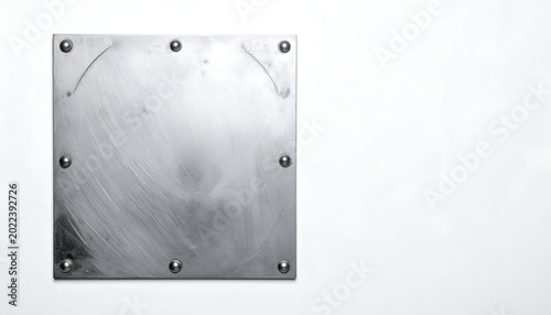 Brushed metal square plate with rivets on a white surface