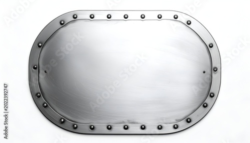Riveted, metal oval plaque or plate with brushed surface, isolated on white
