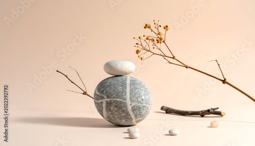 Stacked stones, twigs, and small stones against a plain, light background