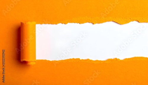 Torn orange paper reveals a blank white space. Rolled edge on the left