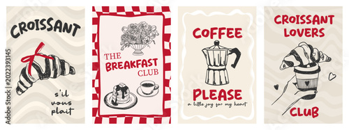 Φωτογραφία Collection of la dolce vita poster with hand drawn coffee cup, croissant and pancakes