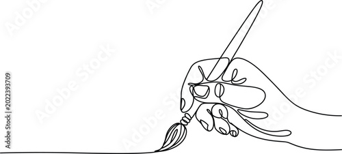 Continuous line drawing hand holding paintbrush artistic creativity flat vector