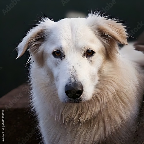 Portrait of a fluffy white dog with amber eyes