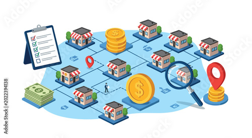 Retail business franchise management showing a map with multiple store locations, gold coins, and a magnifying glass for analysis.