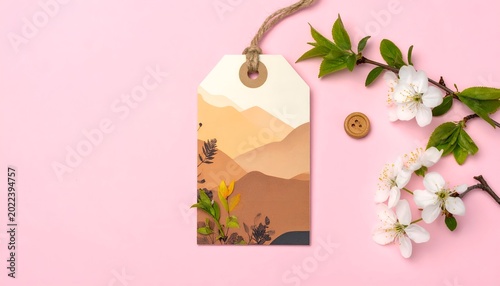 Mountain-scene tag with flowers and button on a pink background