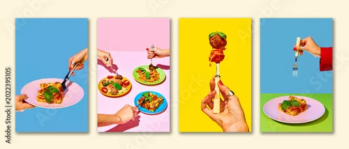 Panel kuchenny z motywem Colorful Italian food collage with lasagna pasta fork and bright plates. Concept of restaurant menu, pasta delivery, food promo, recipe banner and cafe advertising.