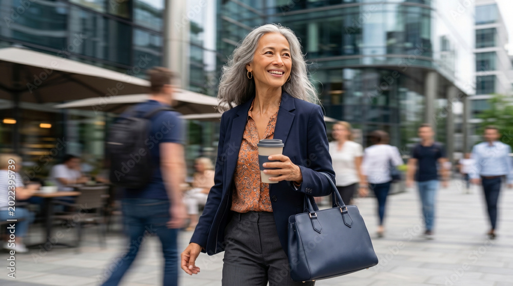 Fototapeta premium Smiling mature businesswoman walking on city street with coffee and handbag