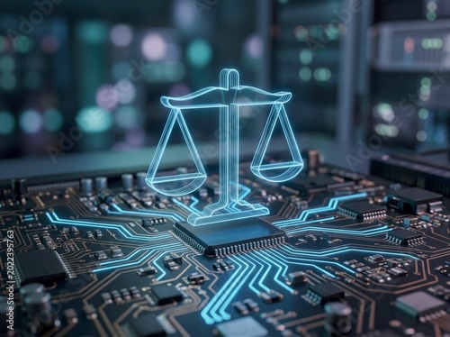 Digital Justice Scales Floating Over Circuit Board in High-Tech Server Room