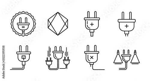 Electrical plug line icons set for energy and power technology
