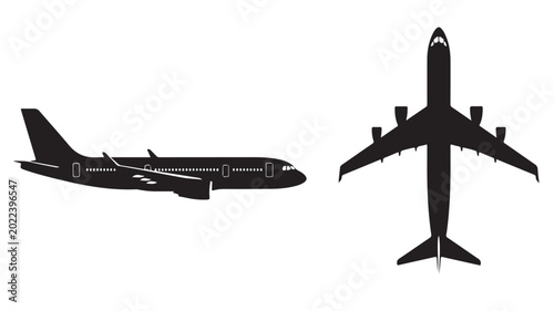 Commercial airplane silhouette set, black passenger aircraft vector icons, top and side view of jet airliner for travel and aviation design