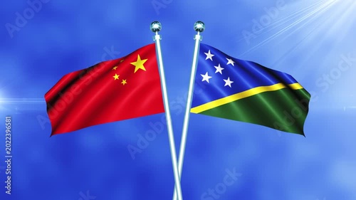 China and Solomon Islands Flag Waving On Pole Loop