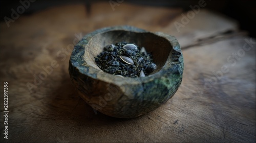 Hand-Chiseled Wooden Bowl Filled With Seeds And Grains