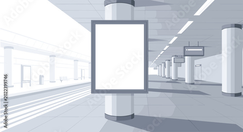 A vertical blank white advertising billboard is mounted on a circular pillar within a modern underground railway station terminal featuring clean lines and gray tones.