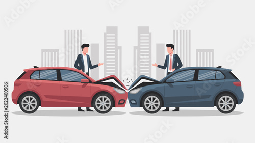 Two professional men stand next to their respective crashed red and blue motor vehicles in a flat vector illustration depicting an insurance claim or traffic accident scenario.