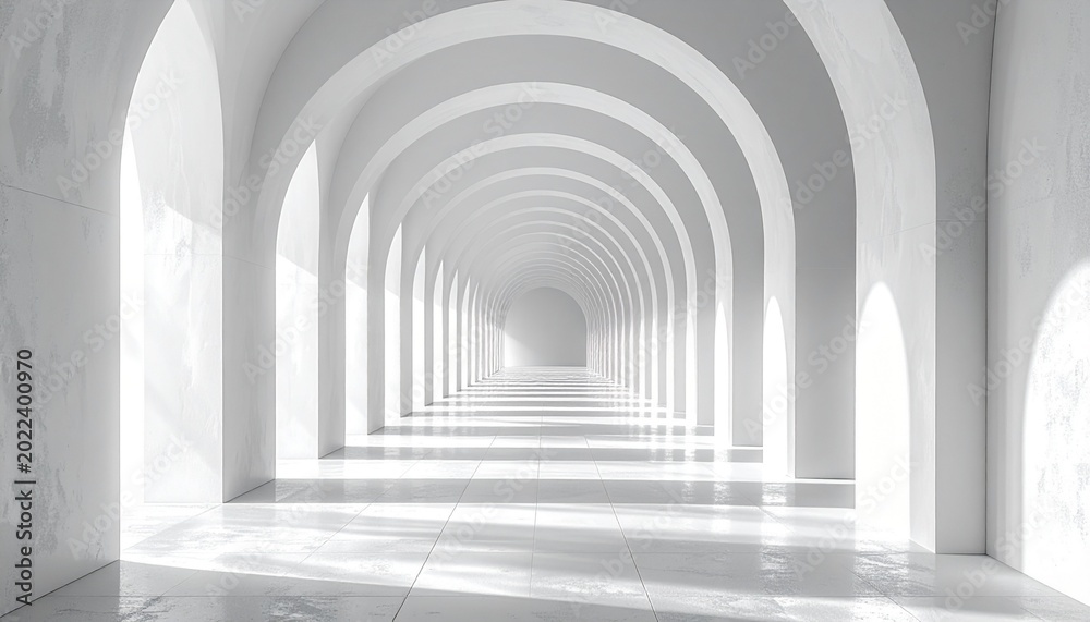 Obraz premium Long white corridor with arched ceilings.