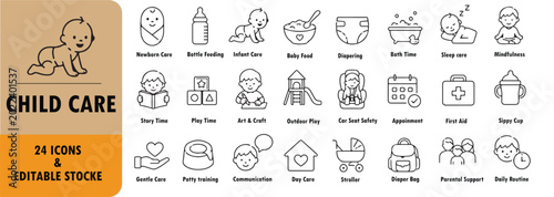A set of child care line icons