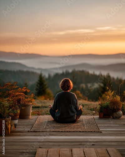 A person is meditating peacefully in nature with a serene sunset landscape