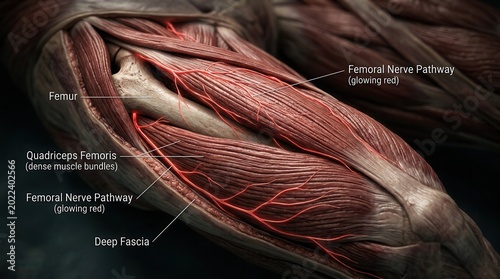 Detailed 3D medical illustration of human thigh muscles, femur bone, and glowing red femoral nerve pathway