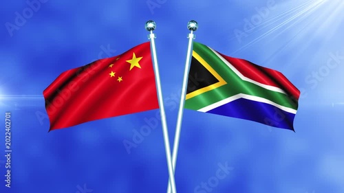 China and South Africa Flag Waving On Pole Loop