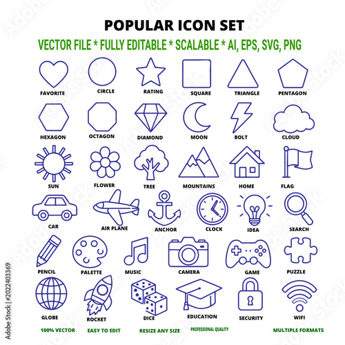 popular icon set vector illustration stock icon, vector, illustration, set, popular, graphic, design, symbol, collection, sign, web, interface, element, button, flat, business, application, technology