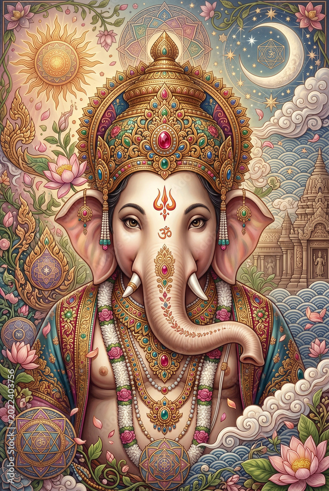 Fototapeta premium Sacred Lord Ganesha Sitting Gracefully in Divine Celestial Temple