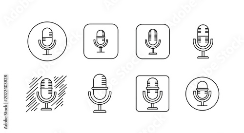 Set of eight minimalist microphone icons, line art style for audio media
