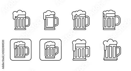 Beer Mug Icon Set, Vector Line Art Collection for Drink Menus