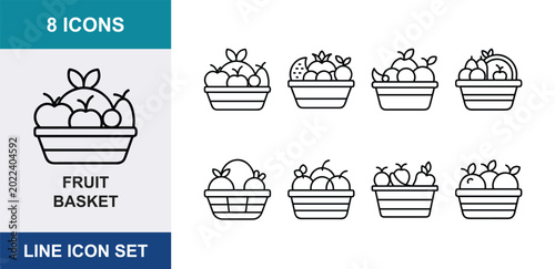 Tableau sur toile Delicious Fruit Basket Outline Vector Line Icon Set Collection