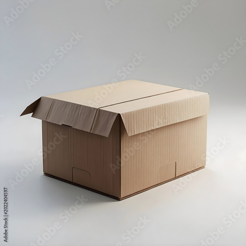 An empty cardboard box sitting on a neutral surface, ready to be filled. The box is slightly open, revealing its interior, with flaps folded to one side.