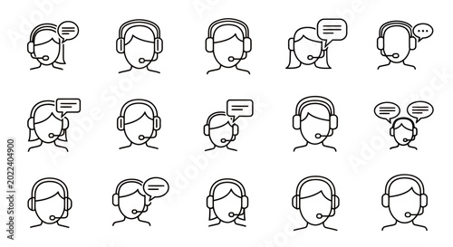 Collection of outline avatars wearing headsets showing various communication expressions.
