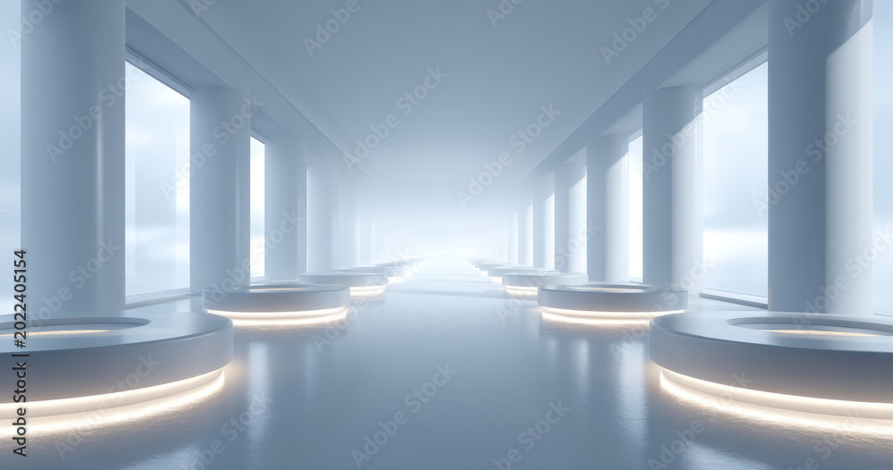 Fototapeta premium Futuristic empty corridor with large white columns and illuminated circular platforms in a bright, misty environment