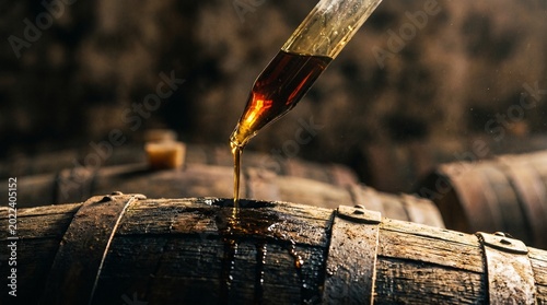 Traditional Balsamic Vinegar or Spirits Aging Process with Liquid Poured from Pipette into Wooden Oak Barrel in Dark Cellar