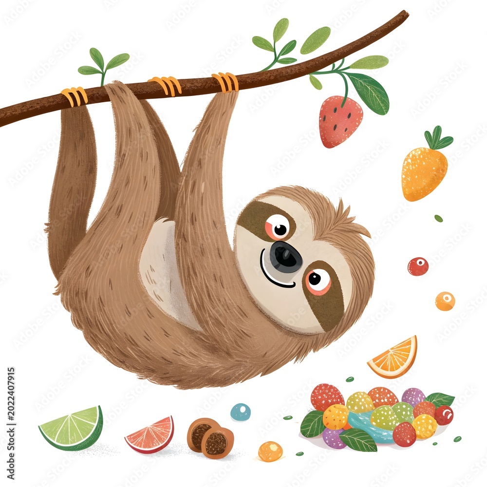 Fototapeta premium Playful sloth hanging from a branch with assorted fruits and sweets hanging upside down tree branch citrus fruit
