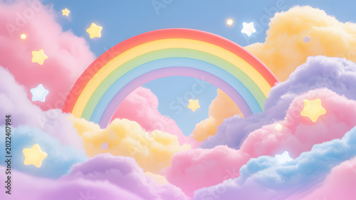 Whimsical rainbow arching over pastel clouds with glowing stars