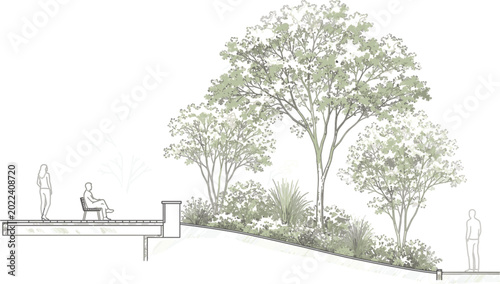 Landscape Section Elevation Vector with Terrace Seating, Human Figures, Sloped Garden Planting, Trees and Architectural Line Art