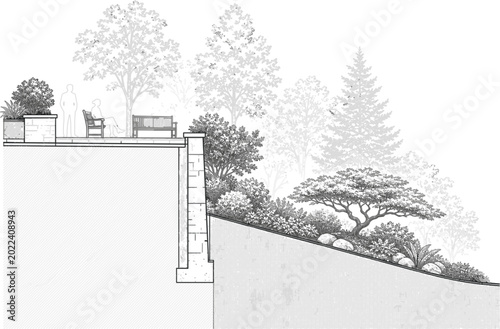Garden Landscape Plan and Elevation Vector Design with Trees, Pathway, Shrubs, Human Scale and Architectural Site Drawing