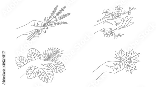 Minimalist line art hands holding various natural elements: lavender, flowers, tropical leaves, maple leaves