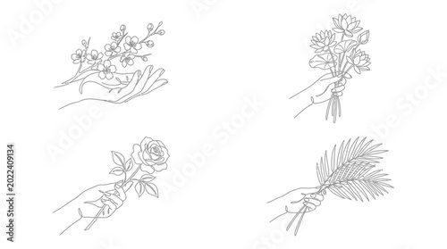 Elegant Line Art Collection of Hands Holding Botanical Elements and Flowers