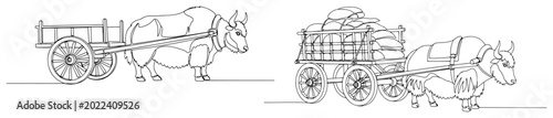Foto Bullock cart pulled by ox with sacks of harvest in continuous line art style