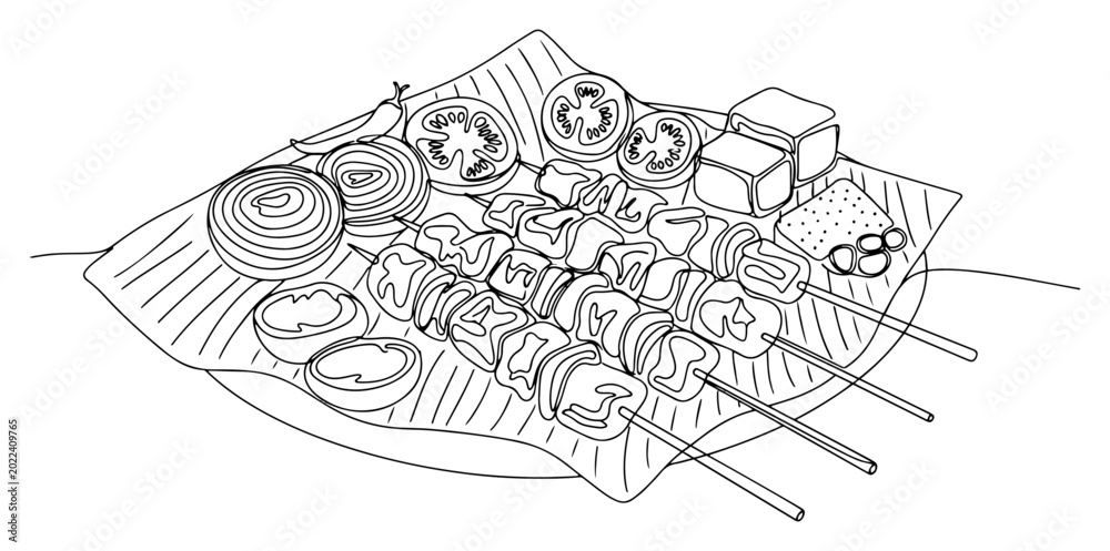 Obraz premium Grilled meat skewers on banana leaf with vegetables in minimalist continuous line art style