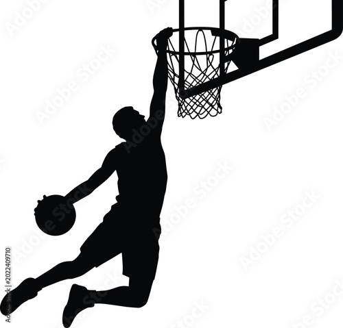 Bild auf Leinwand Silhouette of a basketball player dunking the ball into the hoop on a white back