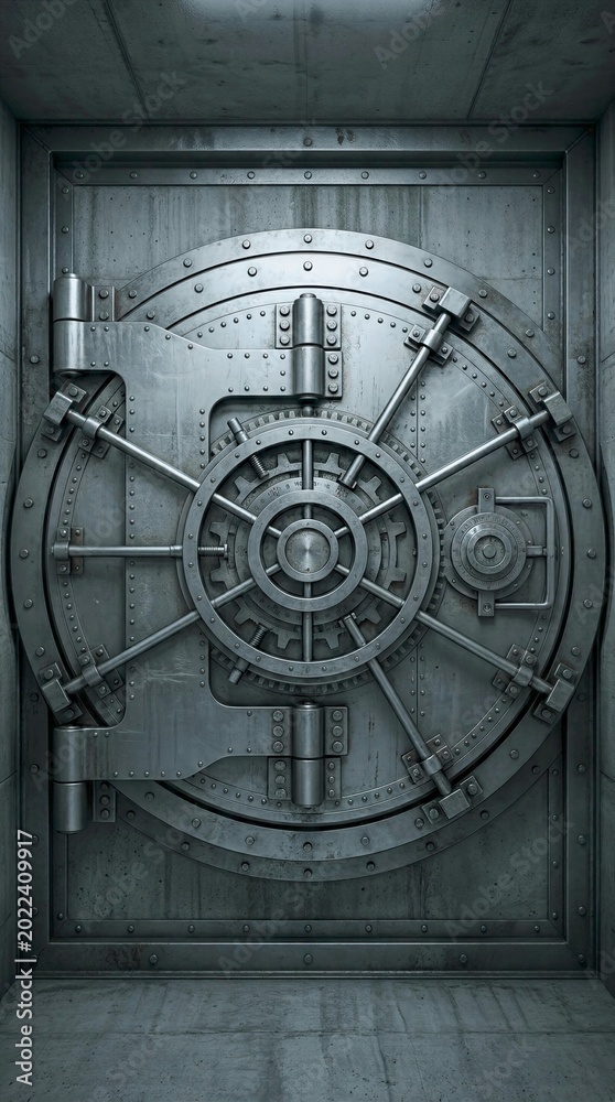 Obraz premium Massive Steel Vault Door with Intricate Gear Mechanism Inside Secure Facility