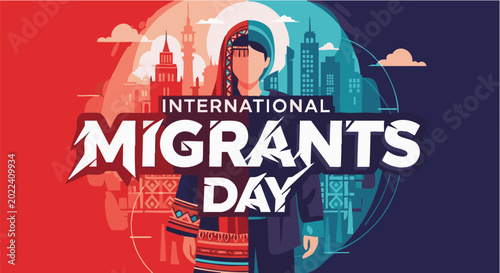 International Migrants Day poster with illustration of diverse woman in modern cityscape in vibrant colorful lighting for awareness campaign