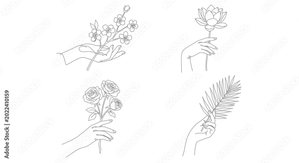 Fototapeta premium Elegant minimalist line art hands holding diverse botanical elements, flowers and leaves