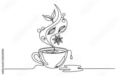 Cuadro en lienzo Spiced tea cup with steaming herbal ingredients like star anise and cardamom in
