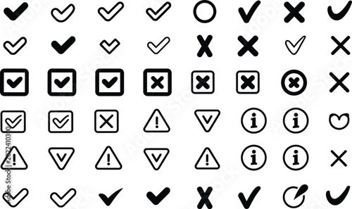 Schilderij op canvas Collection of Check Mark and Cross Symbols Icons for Approval Rejection and Info