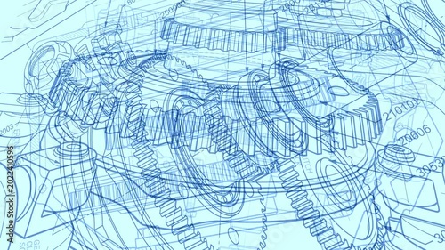 mechanical blueprint drawing: gears, engines, airplanes, transportation technology and industry concept abstract animation