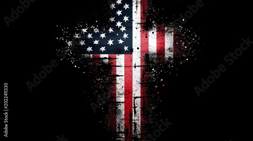 A powerful artistic representation of the American flag integrated into a cross silhouette, symbolizing patriotism and faith. Ideal for spiritual themes.